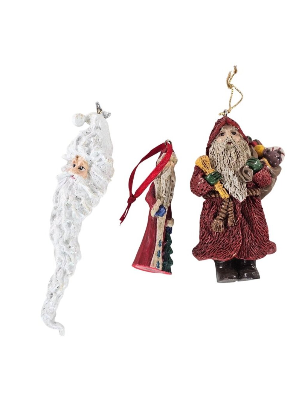 Set Of 3 Vintage Santa Christmas Ornaments Russ Berrie Resin Glitter Accents